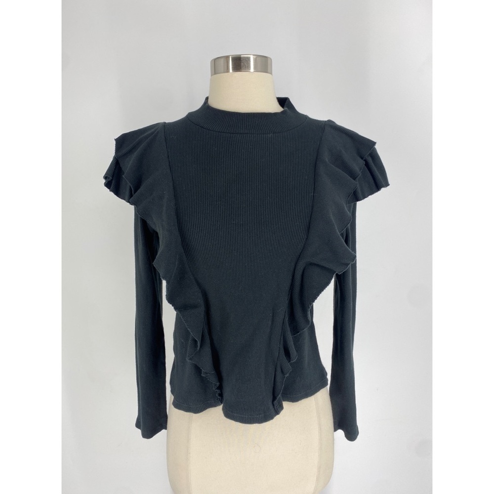 Veronica Beard Black Ruffled Fitted Long Sleeve Blouse